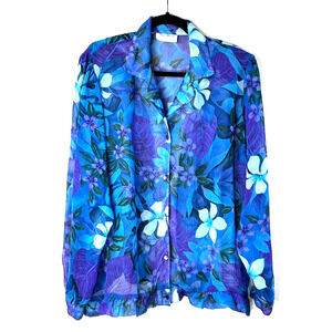 Toni Marie By Sissies Blouse Womens Large Blue Sheer Chiffon Long Sleeve Floral